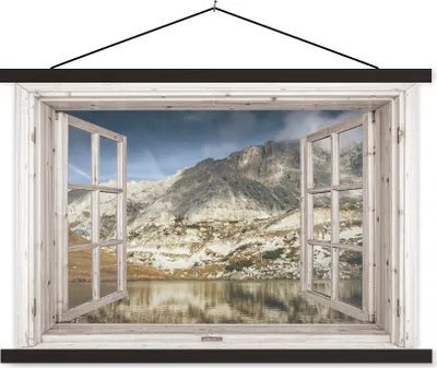 Produktbild von MuchoWow® Textilposter Aussicht - Wasser - Berge 60x40 cm mit schwarzem Rahmen - Hölzernes
