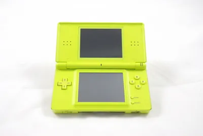 A lime green Nintendo DS Lite handheld gaming console is shown open and centered on a white background.