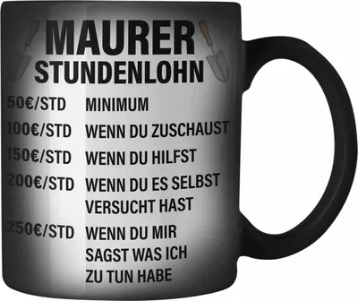 Produktbild von Trendation - Maurer Farbwechsel Zauber-Tasse Geschenk Mit Spruch Maurer Geschenkidee Lustig Männer Karabiner Farbwechsel Zauber-Tasse Edelstahl Stundenlohn (Schwarz)