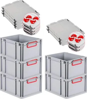 Produktbild von SparSet 5x Eurobox NextGen Color mit Auflagedeckel und Schiebeschnappverschlüsse | HxBxT 22x30x40cm | 20 Liter | Grau | Griffe rot geschlossen | Glatter Boden | Eurobehälter, Transportbox, Transportbehälter, Stapelbehälter