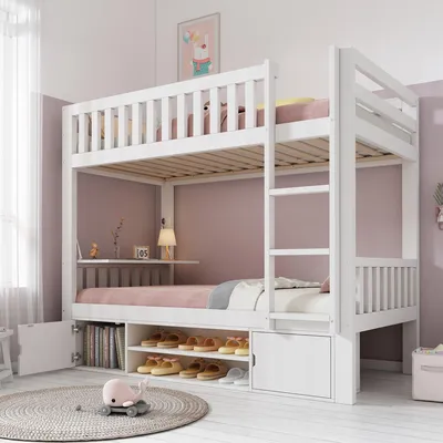 Produktbild von okwish Kinderbett 90x200 Doppelbett mit Stauraum,Bettgestell,Etagenbett mit klappbarer Tischplatte und integriertem Schuhregal,Weiß(ohne Matratze)