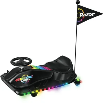 A black Razor Crazy Cart Shift Lightshow Lithium with rainbow accents and LED lights.