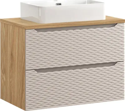 Zdjęcie produktu dla Szafka Łazienkowa 80 Cm Z Umywalką Nablatową – Dąb Olejowany + Beż Frez