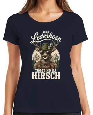 Produktbild von Mei Lederhosn trogt no da Hirsch Bayern Lederhose Damen T-Shirt, Navy, L