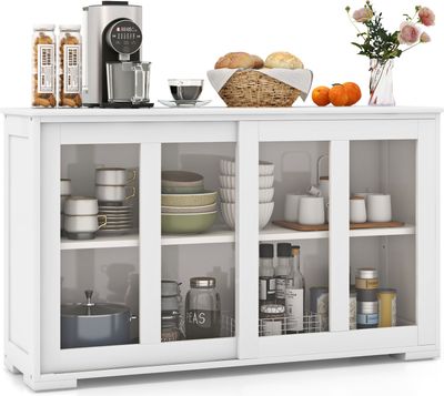 COSTWAY Kredens, szafka kuchenna z przesuwanymi szklanymi drzwiami i regulowaną półką, szafka do przechowywania 107x33x62,5cm Biały