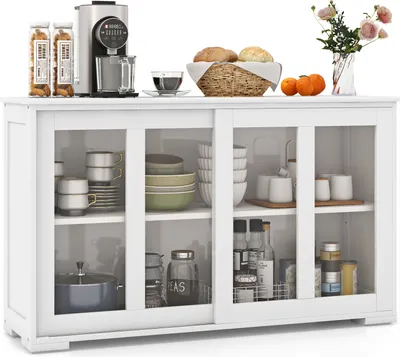Produktbild von COSTWAY Kredens, szafka kuchenna z przesuwanymi szklanymi drzwiami i regulowaną półką, szafka do przechowywania 107x33x62,5cm Biały