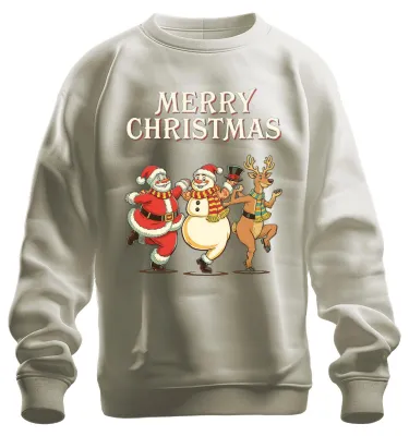 Produktbild von MERRY CHRISTMAS Weihnachtsmann Schneemann Rentier tanzend Sweatshirt Pullover, Natur, 3XL