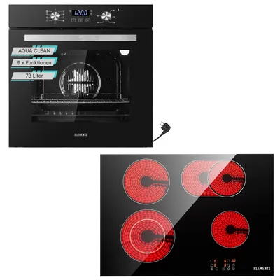 Produktbild von KB ELEMENTS Sparset, Einbauherd Set, Herdset, Glaskeramikkochfeld 60cm, Einbaubackofen 60cm, 9 x Funktionen, AQUA CLEAN