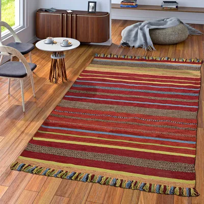 Produktbild von TT Home Handwebteppich Wohnzimmer Natur Webteppich Kelim Baumwolle Streifen Mehrfarbig Größe 120x170 cm