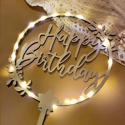 Produktbild von Tortendeko Happy Birthday Cake Topper aus Holz mit LED Lichterkette 18x28cm