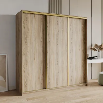 Produktbild von Masseno Schiebetürenschrank NISSE 180/205/60 cm Kleiderschrank mit 4 Schubladen Schlafzimmer Schrank 3-türig Sonoma Eiche