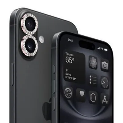 A close-up view of the rear camera lenses of a smartphone, adorned with decorative rings, and the screen of another smartphone displaying widgets.