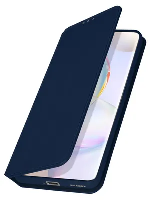 A dark blue flip case for a smartphone is shown diagonally against a white background.