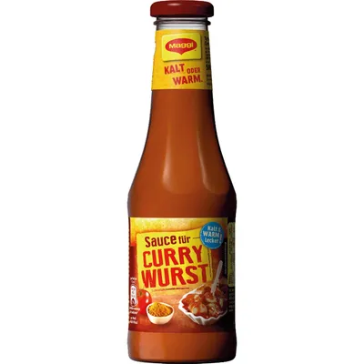 A bottle of Maggi Currywurst sauce against a white background.