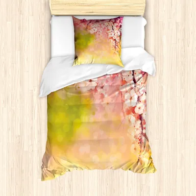 Produktbild von ABAKUHAUS Natur Mantele, Sakura Blumenschönheit, Milbensicher Allergiker geeignet mit Kissenbezügen, 135 cm x 200 cm - 80 x 80 cm, Rosa-Grün-Gelb