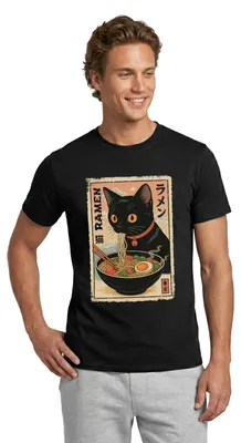 Produktbild von Spreadshirt Ramen Katze | Schwarze Katze Mit Nudelsuppe Männer T-Shirt, L, Schwarz