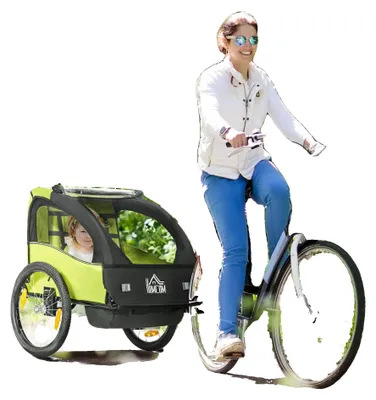 Image de Remorque pour vélo pour enfants, avec harnais de sécurité à 5 points, suspension confortable, de couleur verte