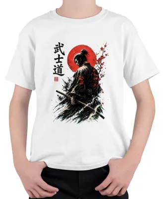 Obrázek produktu pro Samuraj, ronin, bushido, katana, Japonsko, Červené slunce, sakury, Y2K, šógun, dětské tričko, bílá barva, velikost 104