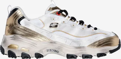 A single white and gold Skechers D'Lites sneaker is shown from the side against a white background.