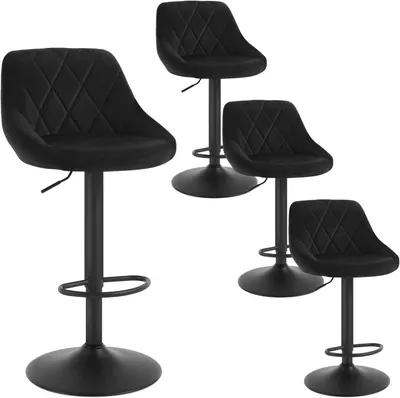 Four black bar stools are arranged on a white background.
