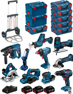 Immagine prodotto di BOSCH Kit 18V BK1002 (GST18V-LIS+GKS18V-LI+GBH18V-21+GWS18-125V-LI+GSR18V-55+GSA18V-LIC+GDX18V-180+GLI18V-300+GHO18V-LI+3x5,0Ah)
