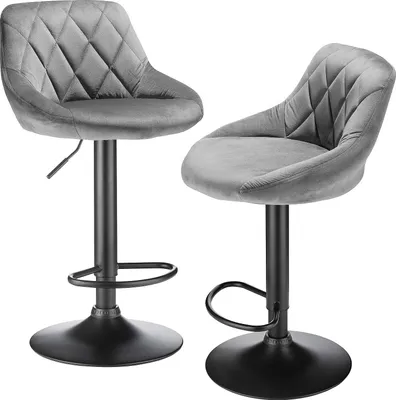 Produktbild von 2er Barhocker mit gepolstertem Sitz aus Samt, höhenverstellbar mit Metallbeinen Hellgrau