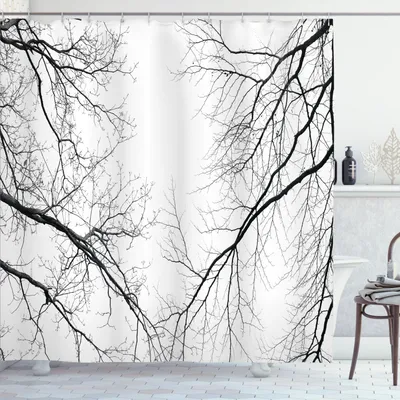 Zdjęcie produktu dla ABAKUHAUS Zasłona prysznicowa z motywem lasu, drzewa z gałęziami bez liści, upiorny, niesamowity obraz na tle ponurego nieba, 175 x 220 cm, czarno-biała
