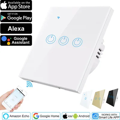 Produktbild von Tuya Smart Wifi Touch Light Switch przełącznik ścienny z ekranem dotykowym Alexa Google Control Switch, 3-gniazdowy biały