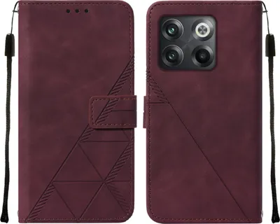A burgundy flip leather phone case for a OnePlus 10T 5G is shown from the front and back.