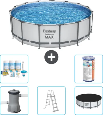 Produktbild von Bestway Round Steel Pro MAX Schwimmbad – 457 x 122 cm – Grau – inklusive Pumpe – Leiter – Abdeckung Wartungspaket - Filter