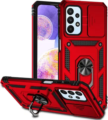 Produktbild von Galaxy A23 4G Hülle mit Schiebe Kamera Schutz und Ringhalter Ständer Robust Rüstung Schutzhülle für Samsung Galaxy A23 4G Rot