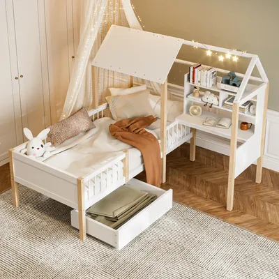 Immagine prodotto di Letto per bambini Abrihome 90 x 200 cm con scrivania a L, protezione anticaduta, rete a doghe e ripiano, cassetti con rotelle, bianco
