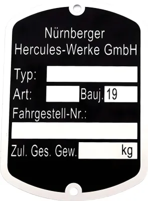 Image de Plaque signalétique MOGA aluminium 50x35mm noire 504 947 00 01 pour Hercules Prima 1-6, GT, GX, Presto, Pronto, KX 5, Supra 2 D, Optima, MX 1, MF, MP, M 1-5, P 1-3, HR 1