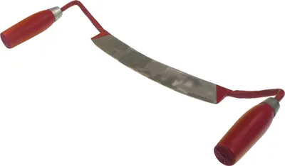A woodworking tool with red handles and a curved metal blade, isolated on a white background.