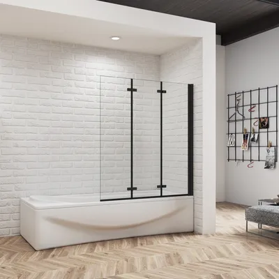 Produktbild von Schwarz Duschwand für Badewanne Badewannenaufsatz Faltwand 130 x 140 cm Klarglas 6 mm ESG-Sicherheitsglas