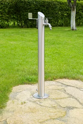 Obrázok produktu pre Vodná stojanka do záhrady, okrúhla, nerezová oceľ, 93 cm, s držiakom na hadicu, vodovodný kohútik, stojanka, 2 pripojenia, vodná stojanka do záhrady a na terasu, vrátane montážneho materiálu