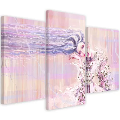 Obrázek produktu pro Triptych na plátně dlouhovlasá žena 120x80 cm Feeby růžová nástěnná malba připravená k zavěšení