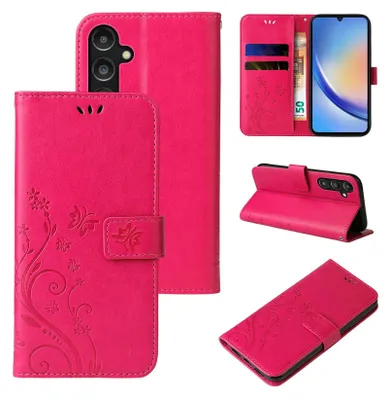 Collage of product images showing a pink floral butterfly flip phone case from different angles.