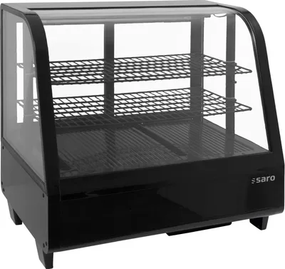 Produktbild von SARO Kühlvitrine 100 Liter, Modell KATRIN schwarz Mini Kühlvitrine, Kuchenvitrine, Tischgerät, Schiebetüren, LED-Beleuchtung, Cafe, Bäckerei, Kiosk, Kühlen, Lagern, Präsentieren