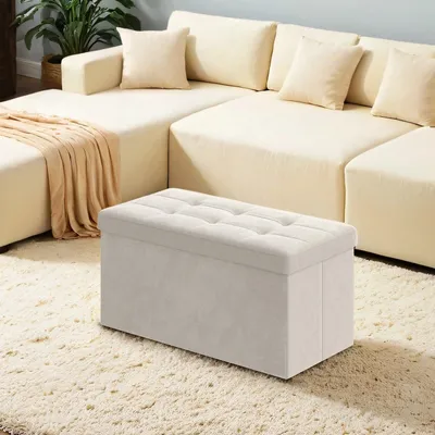 Produktbild von Samt-Aufbewahrungsbank mit Sitzbox, klappbar | Weiß | 76x38x38 cm