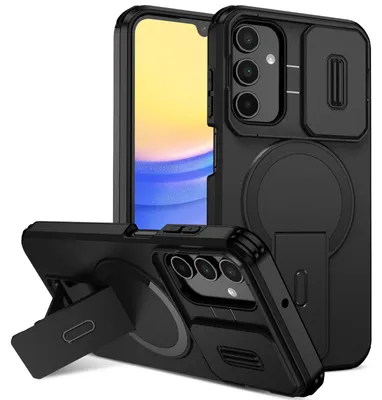 Obrázek produktu pro Magnetické pouzdro pro Samsung Galaxy A15 5G/4G, dvouvrstvé odolné pouzdro s posuvnou ochranou fotoaparátu a nastavitelným stojánkem Černá
