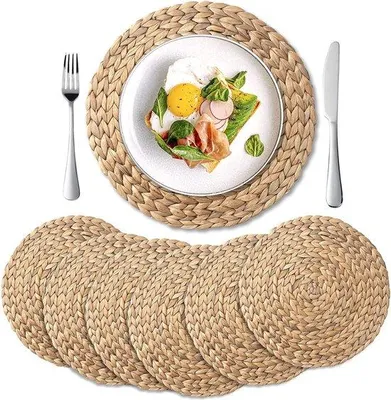 Obrázok produktu pre Sada 6 tkaných okrúhlych podložiek, podložky z vodného hyacintu na jedálenský stôl (30 cm)