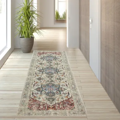 Image de Tapis classique aux motifs orientaux, couleur crème, rouge et orange - Dimensions : 80 x 150 cm