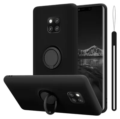 A black phone case with a ring holder is displayed from multiple angles, with a phone partially visible in the background.