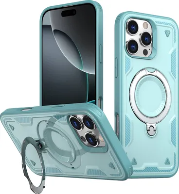 Produktbild von Dual Layer Hülle für iPhone 16 Pro Metall Ring Ständer Magnetisch Stoßfest Militär Handyhülle Türkis