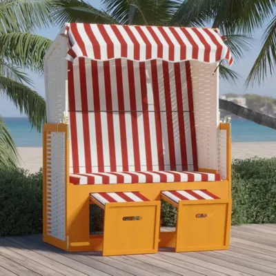Immagine prodotto di Maison Exclusive - Sedia a sdraio con tettuccio in rattan sintetico e legno massello, rosso e bianco