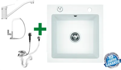 A white kitchen sink and faucet set displayed against a white background, with a green plus sign indicating a bundle.