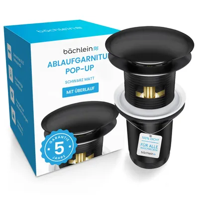 Produktbild von Bächlein Pop Up Ablaufgarnitur mit Überlauf für Waschbecken & Waschtisch - Schwarz