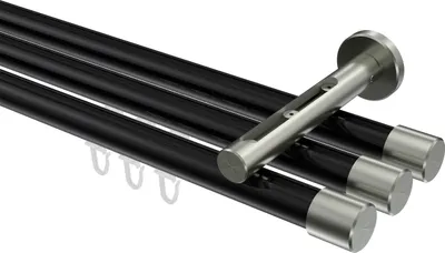 Produktbild von Interdeco Innenlaufstange / Gardinenstange mit Innenlauf Schwarz / Edelstahl-Optik, Typ Siteno Santo (Kappe), 20 mm Ø 3-läufig, 240 cm