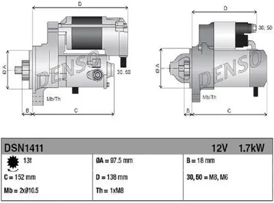 Obrázek produktu pro DENSO DSN1411, startér, 1,7 kW, pro LAND ROVER Range Rover Evoque (L538), 12V